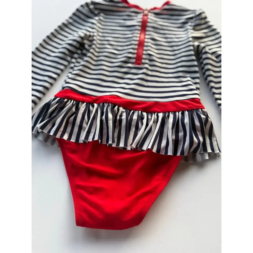 Nautical red black white striped bathing suit 5T snap crotch